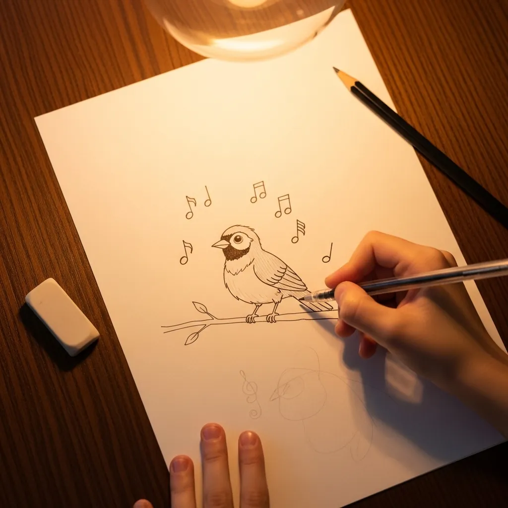 Child drawing a small bird on a branch with music notes floating above it