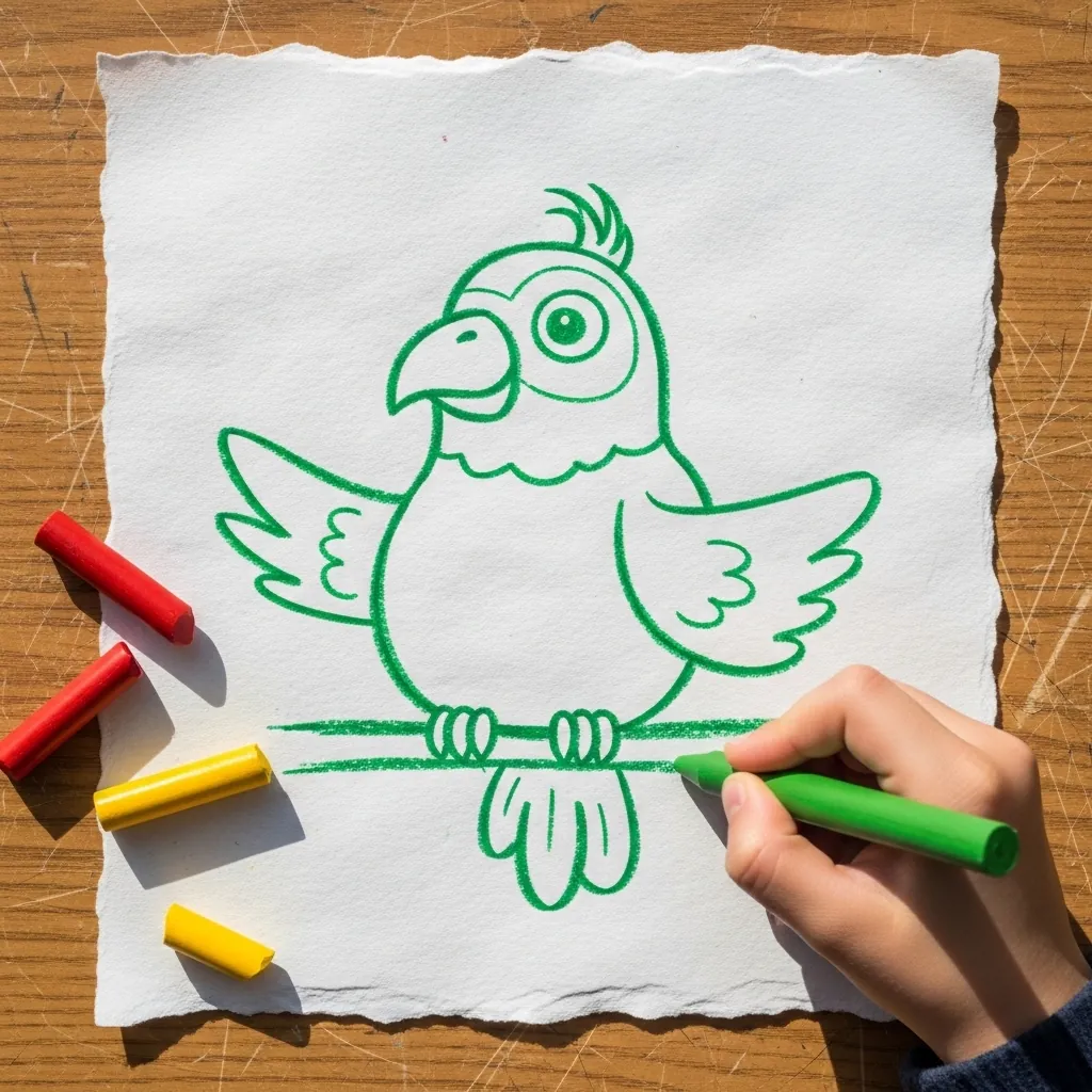 Child drawing a parrot entirely in green outline on handmade paper