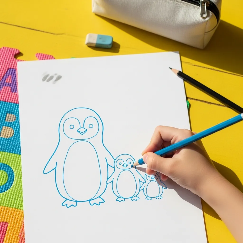 Child drawing a large penguin with two smaller chicks in blue pencil
