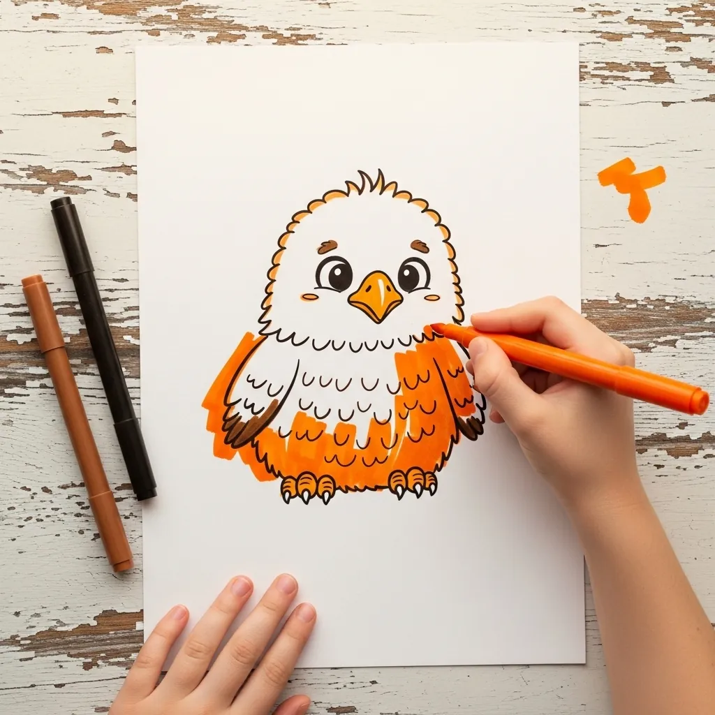 Child coloring a fluffy orange baby bird with big eyes on old painted wood