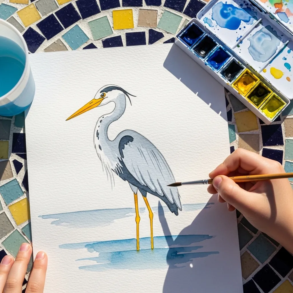 Child painting a gray heron standing in shallow water with watercolors
