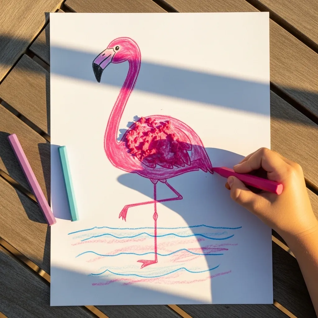 Child adding glitter and pink pastel to a flamingo drawing outdoors