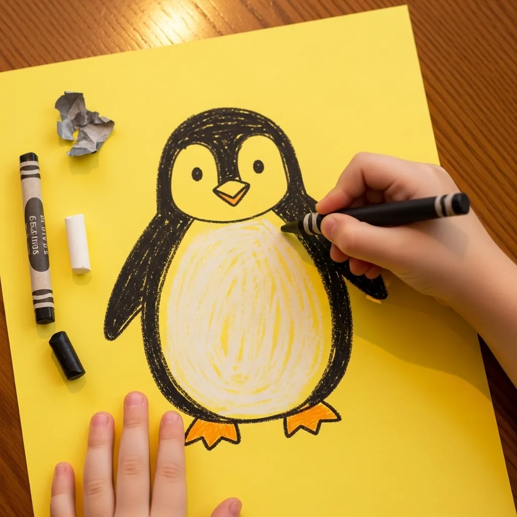 Child coloring a black and white penguin with crayons on bright yellow paper