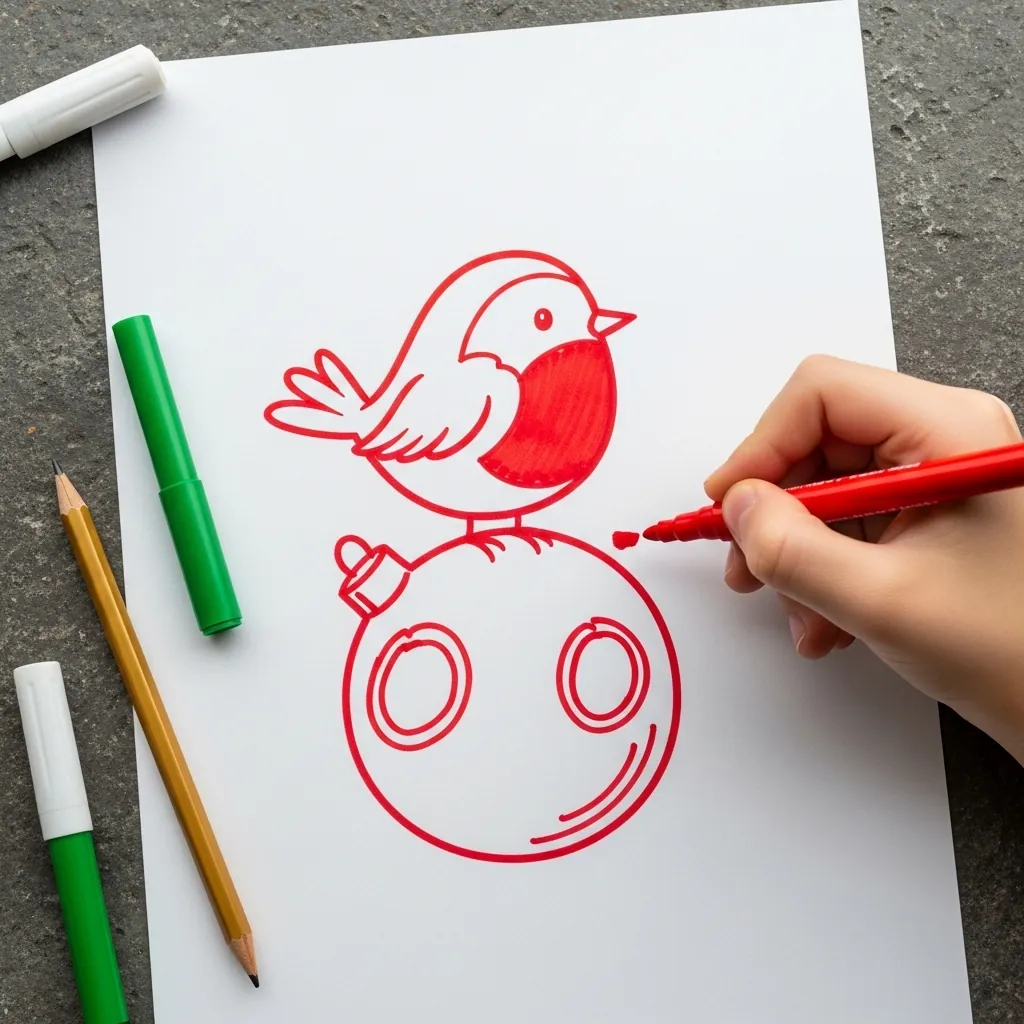 Child drawing a red bird sitting on a large circle shape in marker