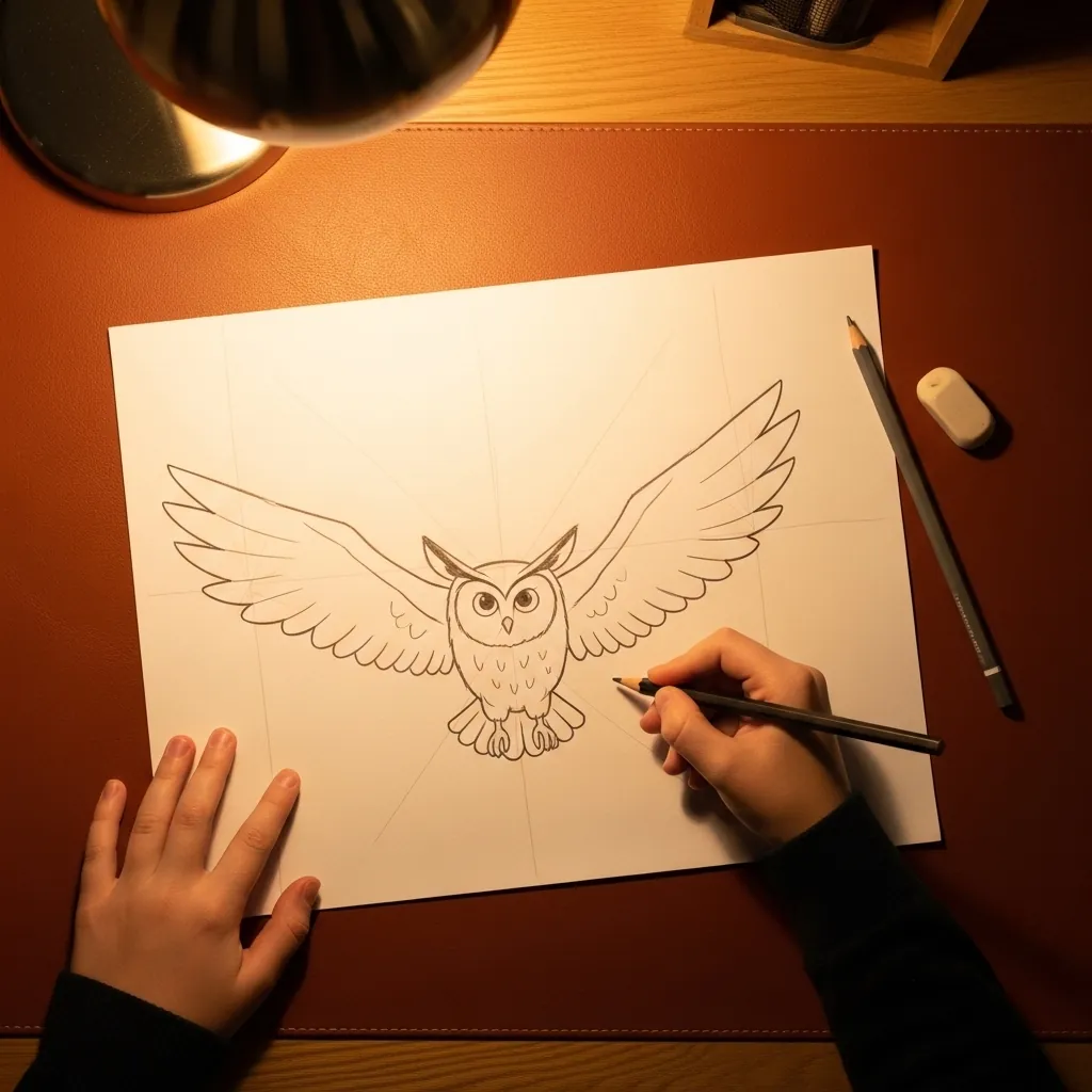 Child drawing an owl with wings spread in flight, lightly gridded in pencil
