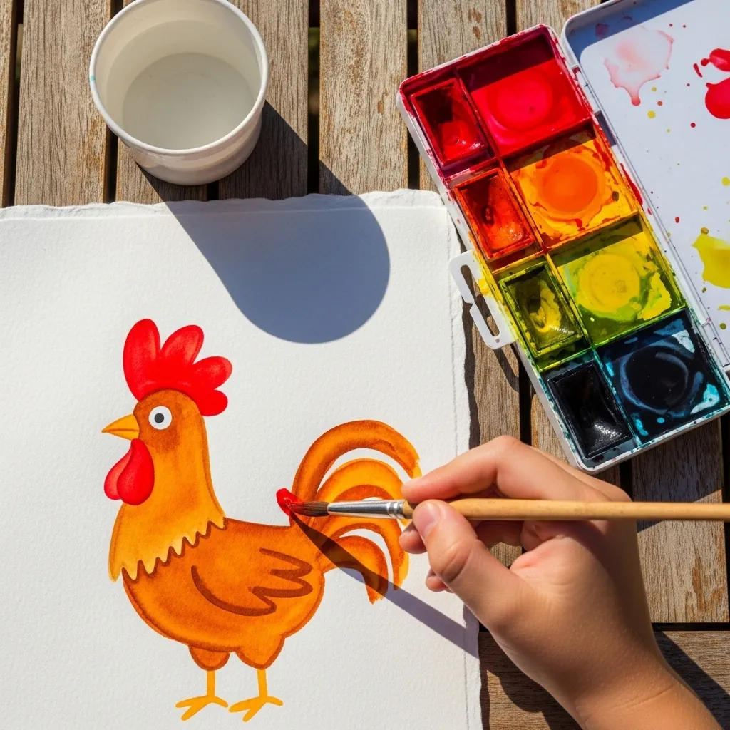 Child painting an orange and red rooster with watercolors