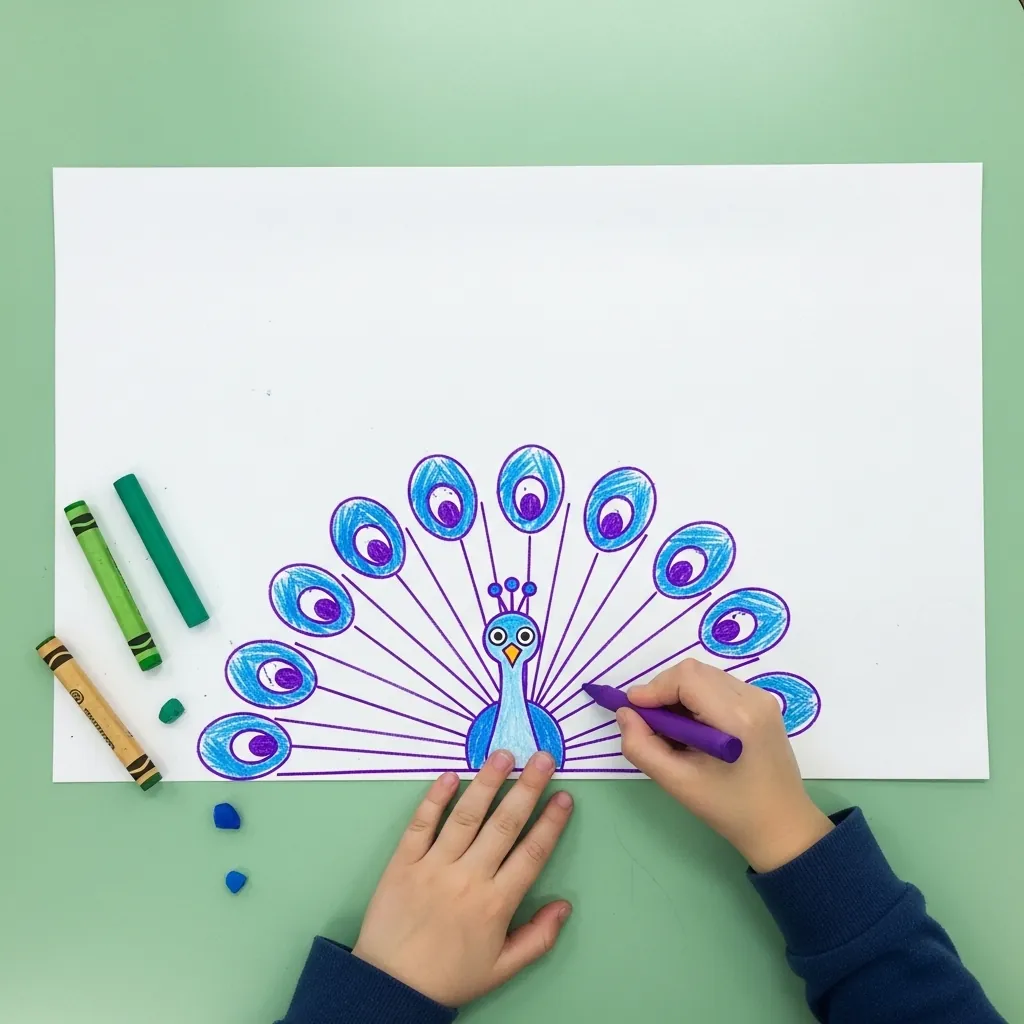 Child drawing a purple peacock tail fan with markers on green paper