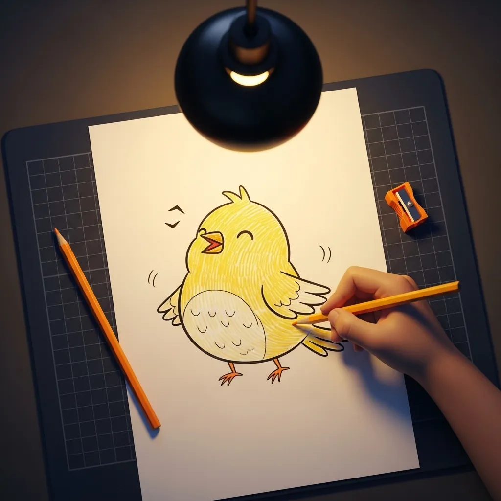 Child drawing a happy yellow cartoon chick with closed eyes on a drawing mat