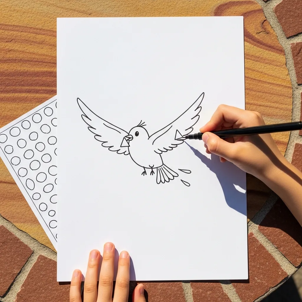 Child drawing a small bird flying, wings spread, on plain white paper