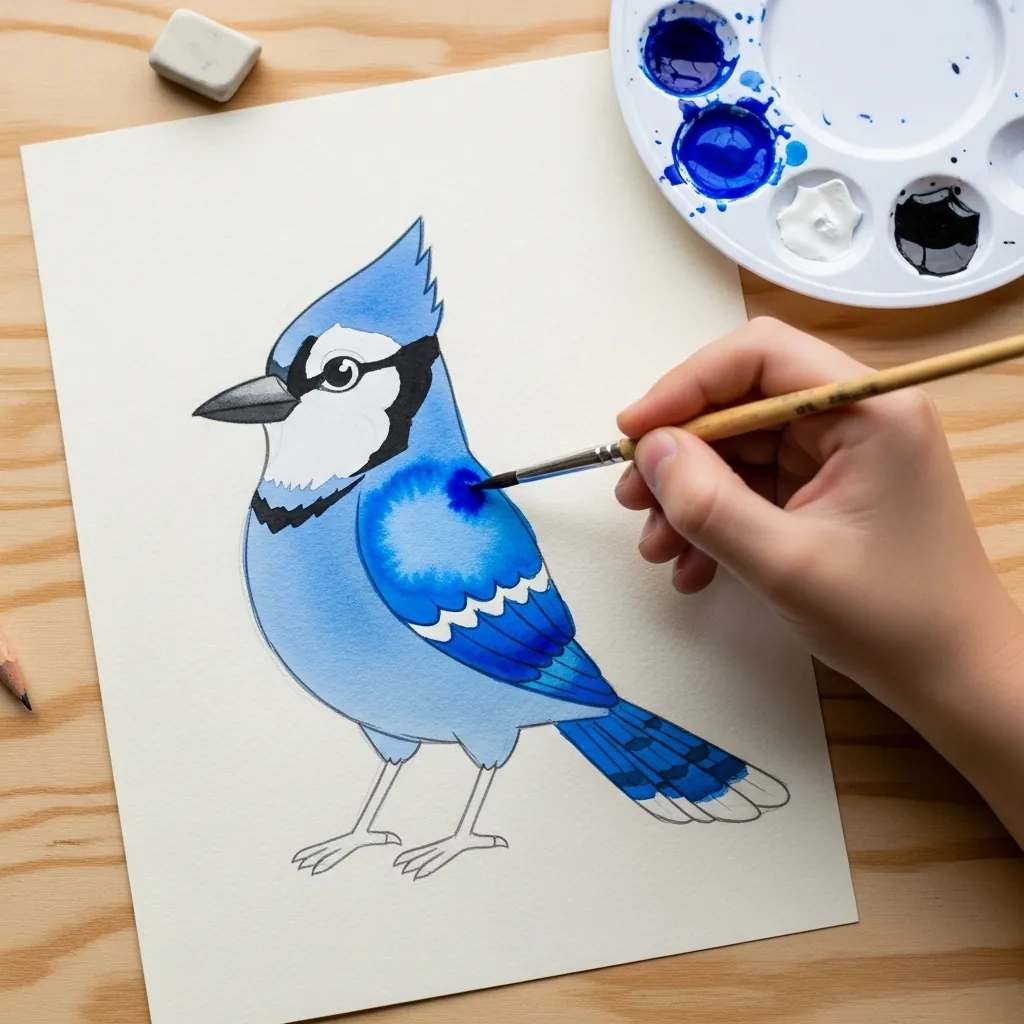 Child painting a blue jay with detailed blue and white markings