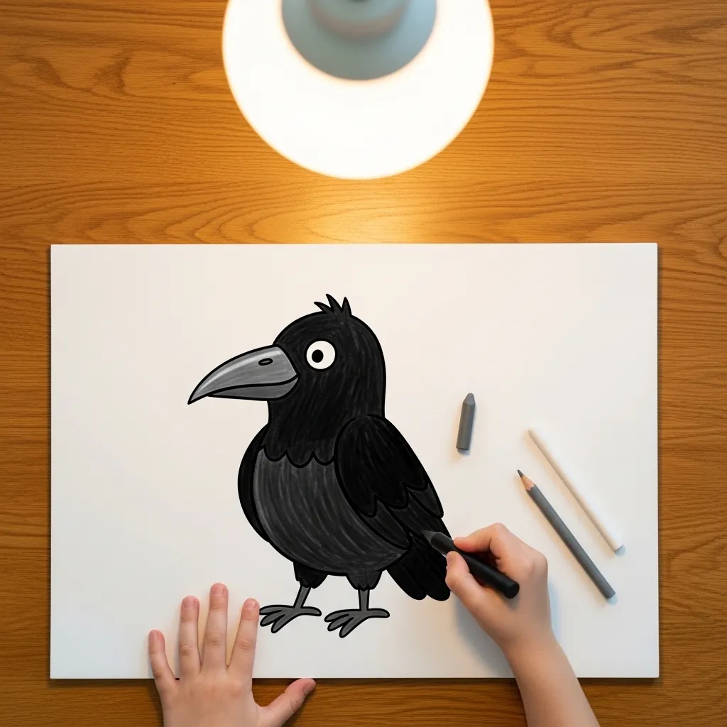 Child coloring a solid black crow with a heavy gray beak