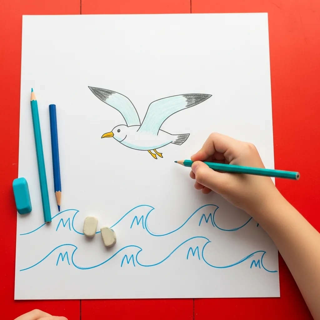 Child drawing a white seagull flying above simple blue wave lines