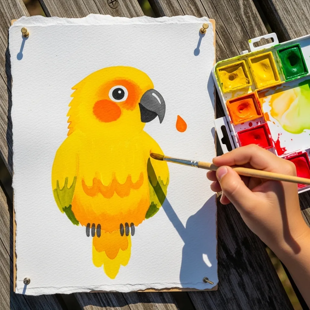 Child painting a bright yellow and orange sun conure parrot