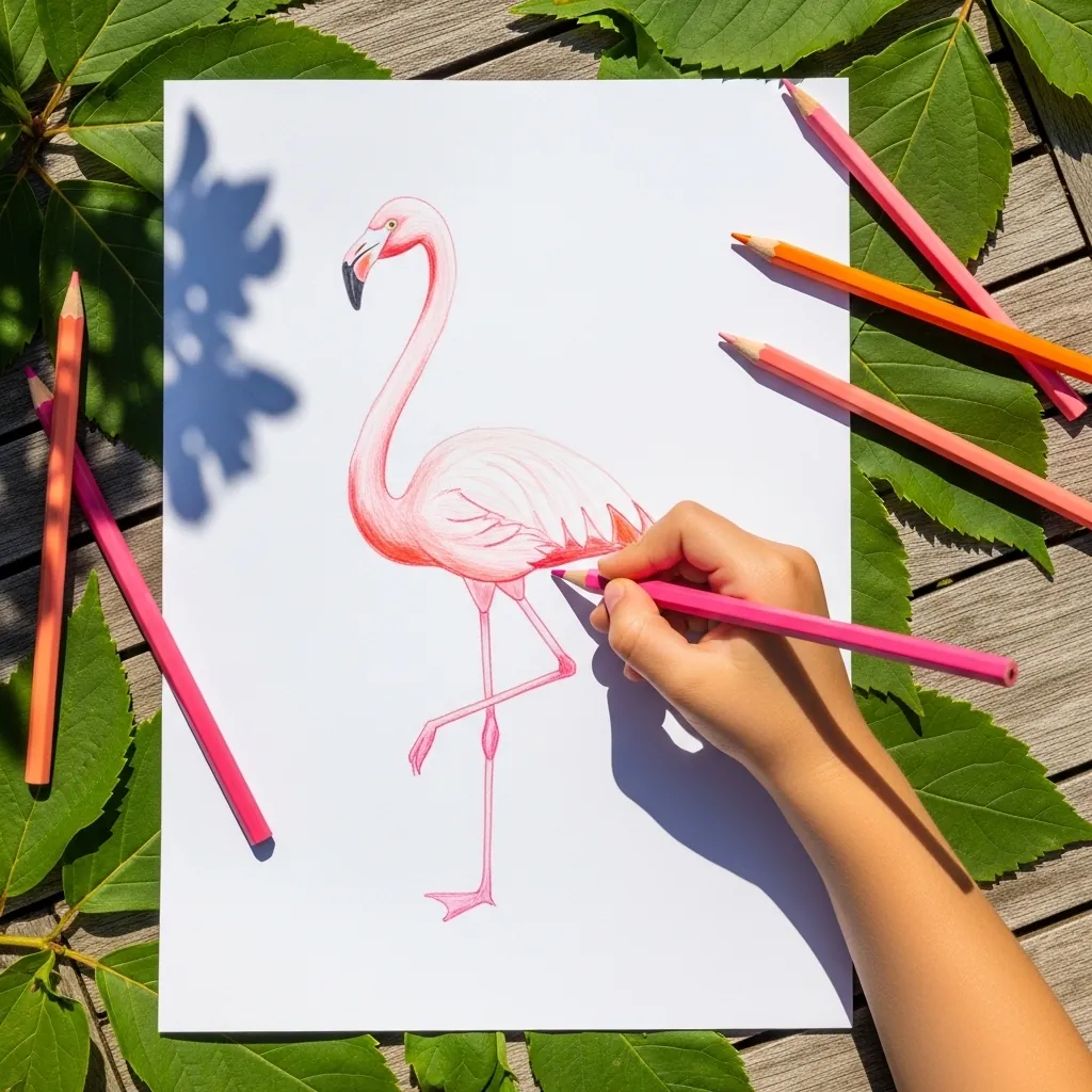 Child coloring a pink flamingo with colored pencils, leaves scattered around