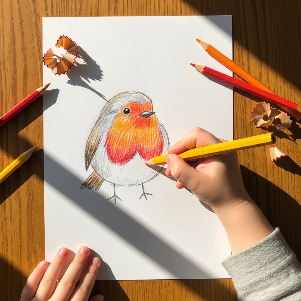 Child coloring a robin with an orange chest using colored pencils
