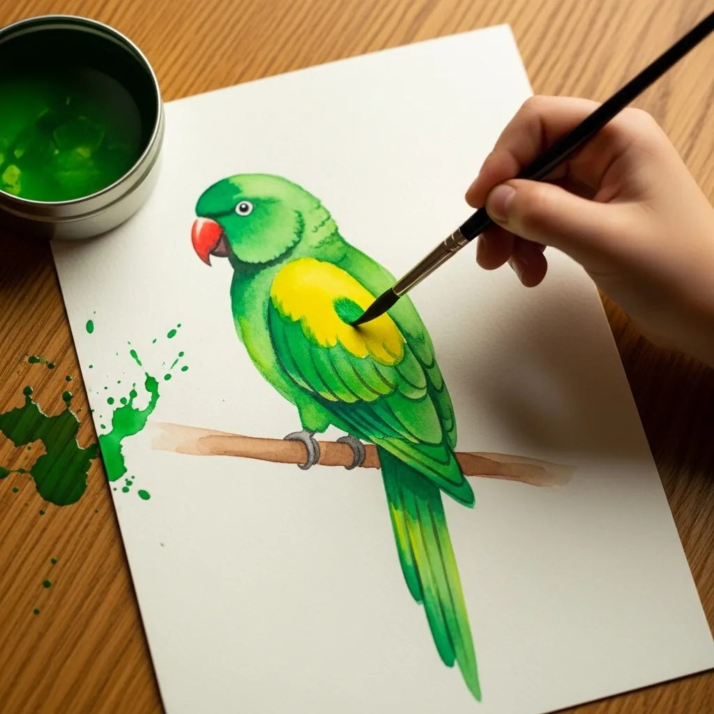 Child painting a green parrot perched on a branch with a red beak