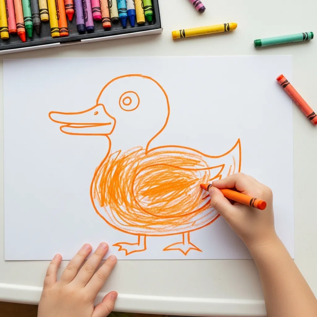 Child coloring a simple orange duck outline with a wax crayon