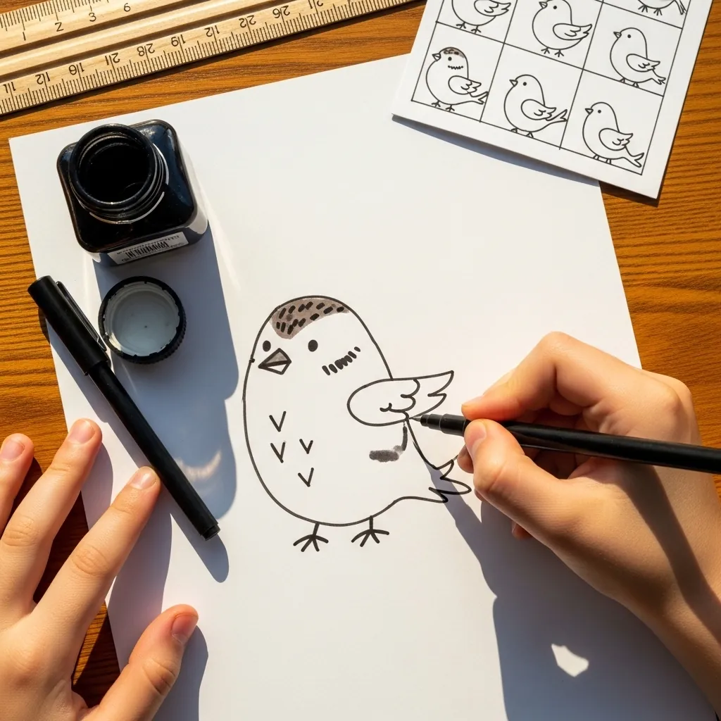 Child copying a small sparrow from a step by step worksheet with a black pen