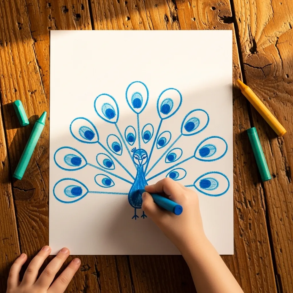 Child drawing a blue peacock with a fanned tail using felt tip markers