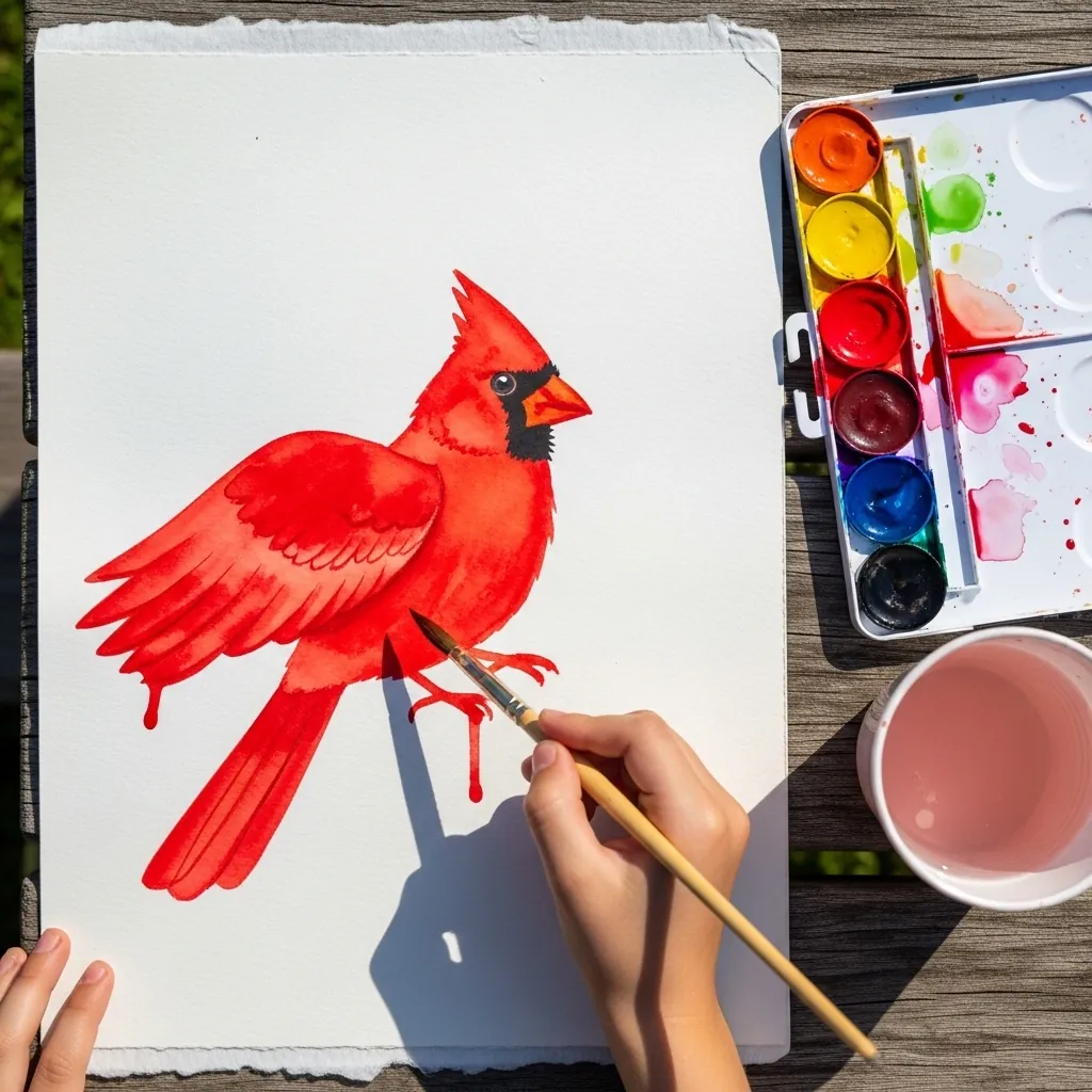 Child painting a bright red cardinal with watercolors beside a paint tray