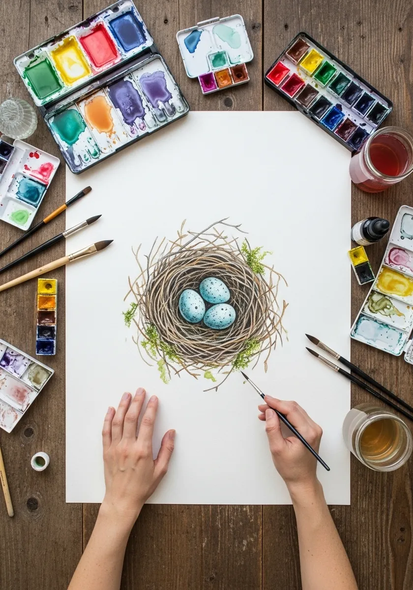 Watercolor bird nest with three speckled blue eggs and green moss accents