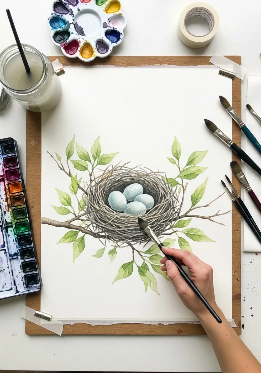 Watercolor nest on a branch with pale blue eggs and bright green leaves