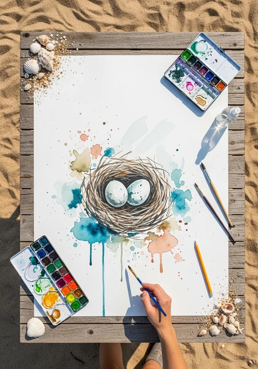 Watercolor nest with white eggs and loose teal and orange paint splashes