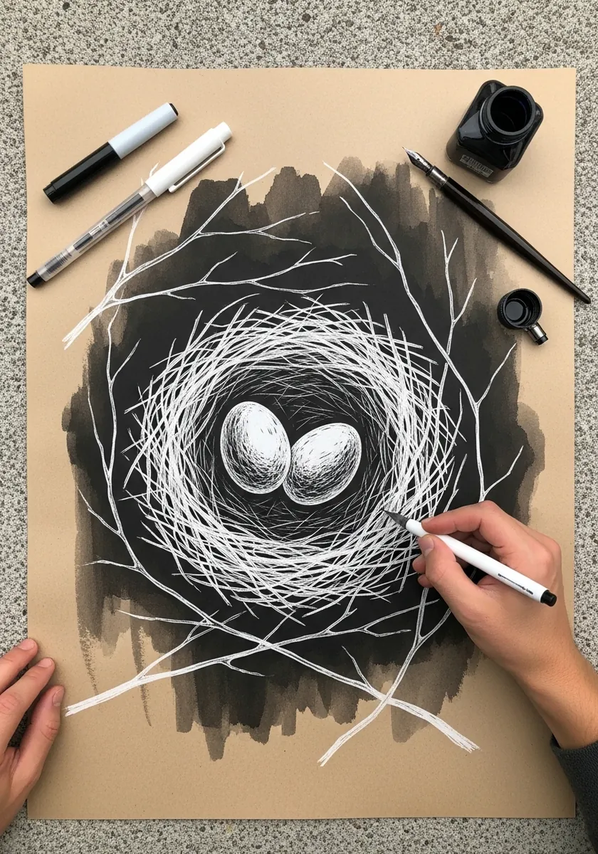 White gel pen nest with two eggs drawn over a dark ink wash on kraft paper