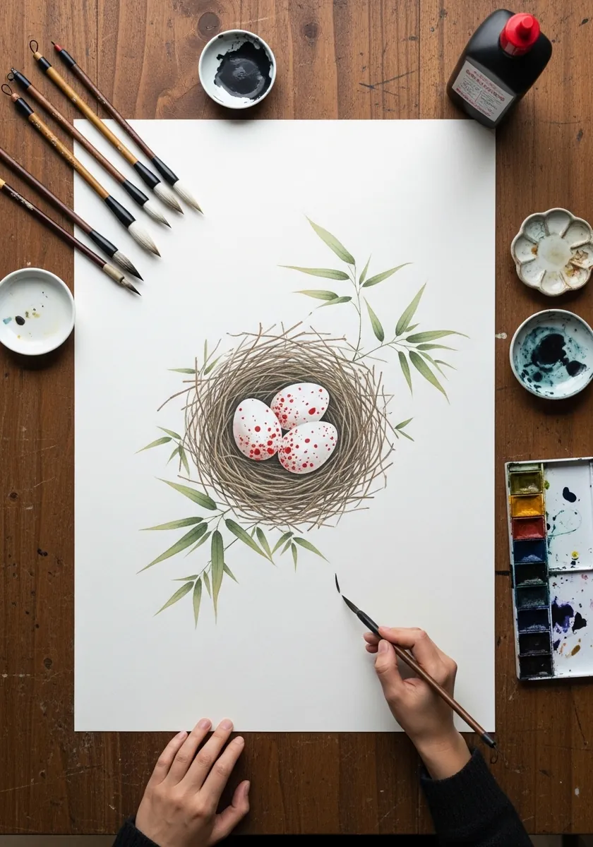 East Asian ink nest with red speckled eggs framed by pale bamboo leaves