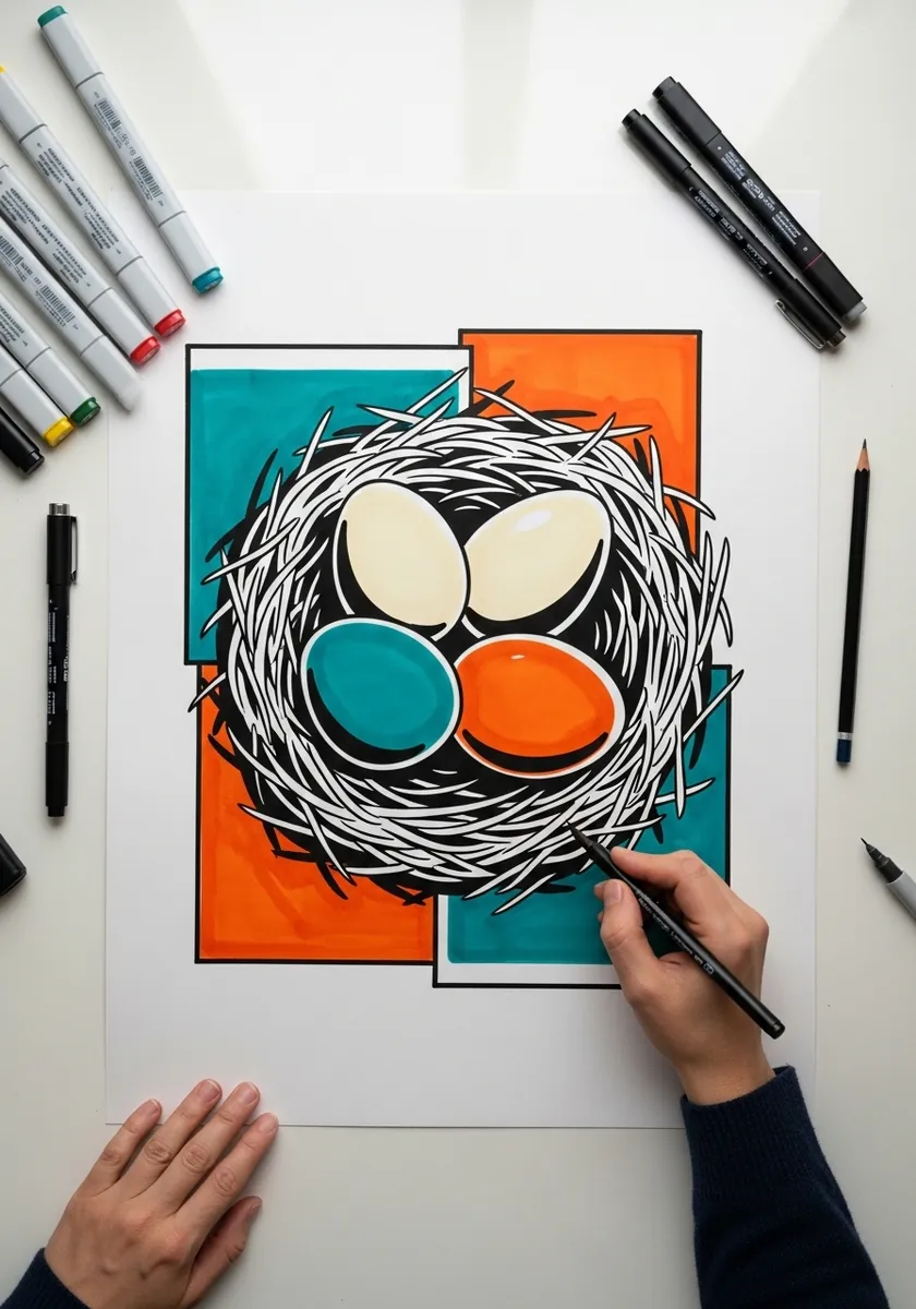 Graphic nest with cream teal and orange eggs on flat orange and teal panels