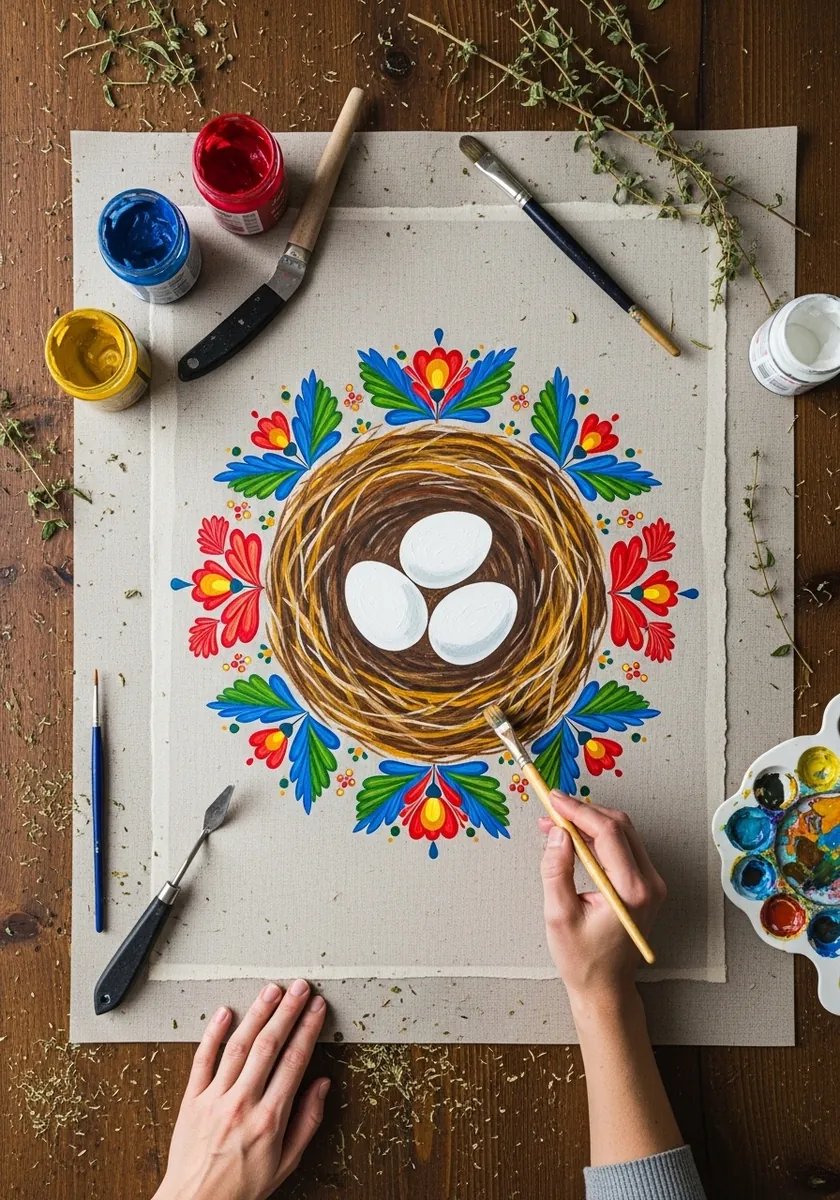 Folk art nest with white eggs surrounded by red blue and green geometric border