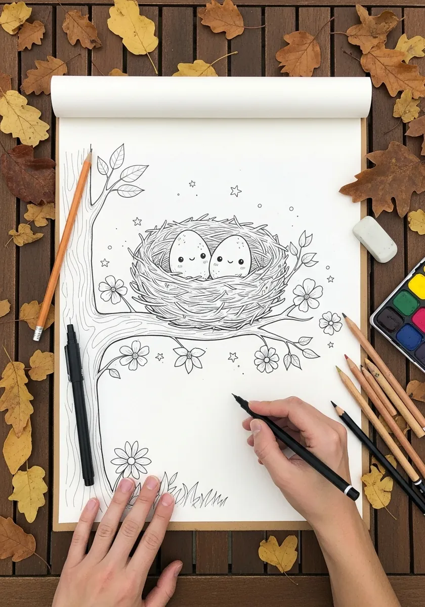 Cute line drawing of a nest with two small round baby birds on a branch