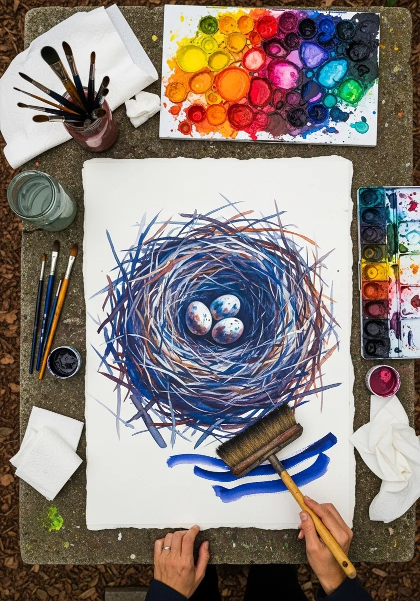 Vivid nest painted in blue purple and orange strokes with speckled eggs