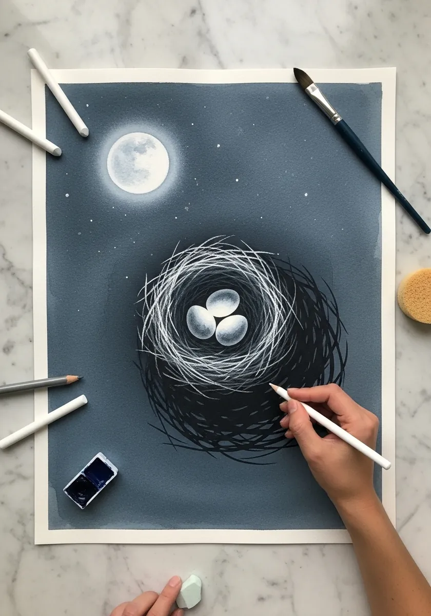 Nest with pale eggs under a full moon drawn in white on blue gray paper