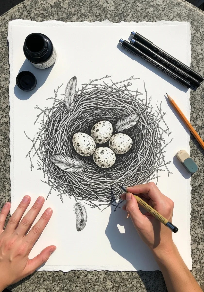Detailed pen and ink nest with speckled quail eggs and two fallen feathers
