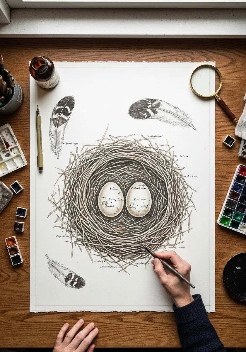 Naturalist study page of a nest with two eggs feathers and handwritten notes