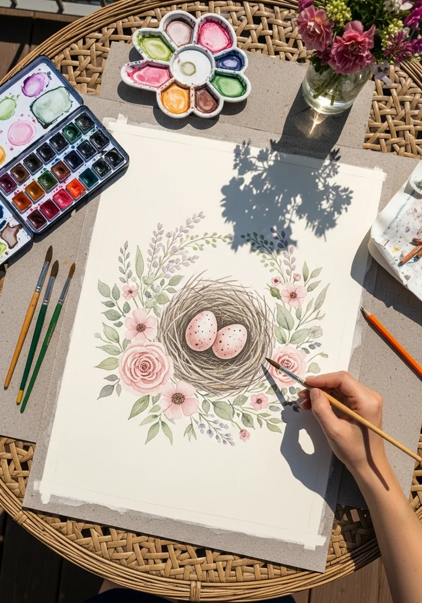 Watercolor nest with pink eggs inside a wreath of roses and eucalyptus