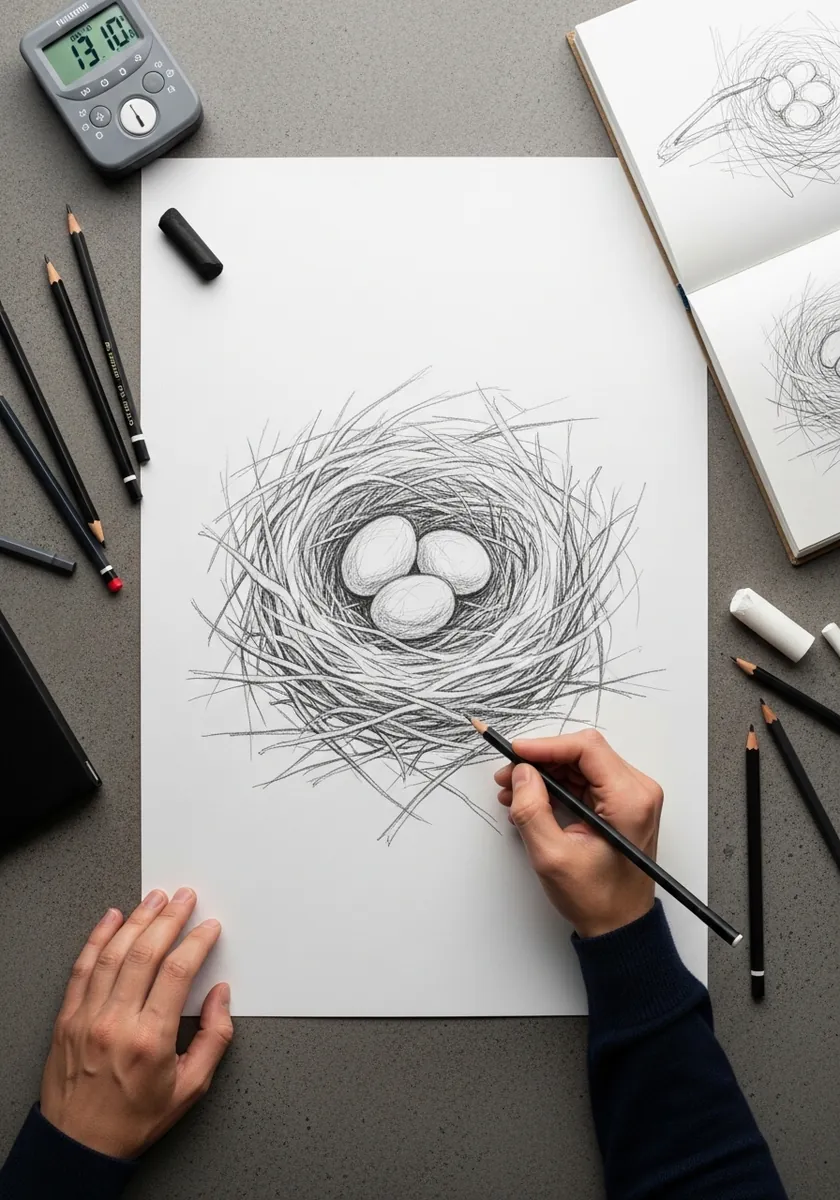 Loose fast graphite gesture sketch of a nest with three white eggs
