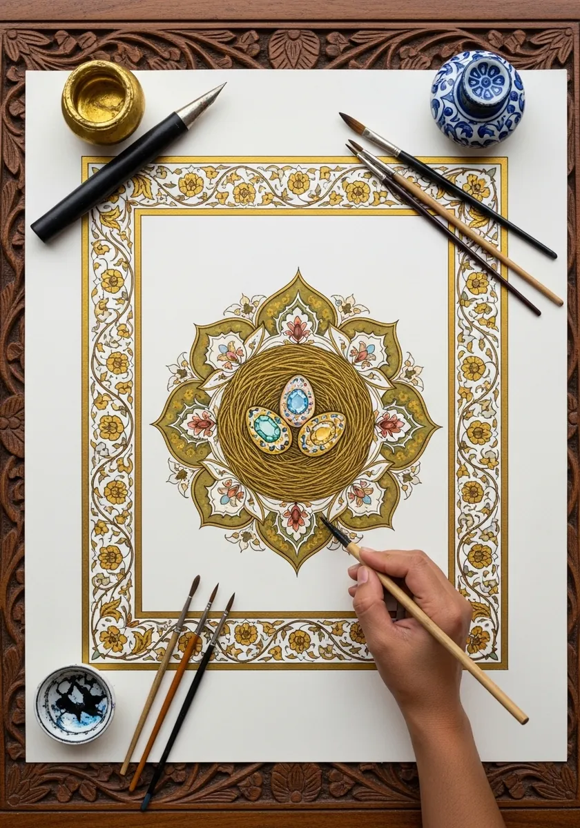 Ornate gold and blue illuminated manuscript panel with a nest and jewelled eggs
