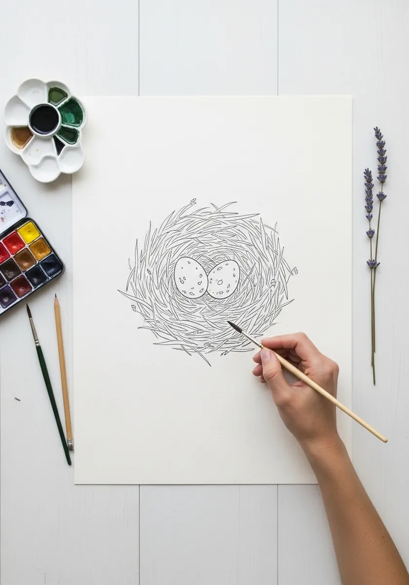 Simple fine line nest with two eggs with tiny smiling faces on white paper