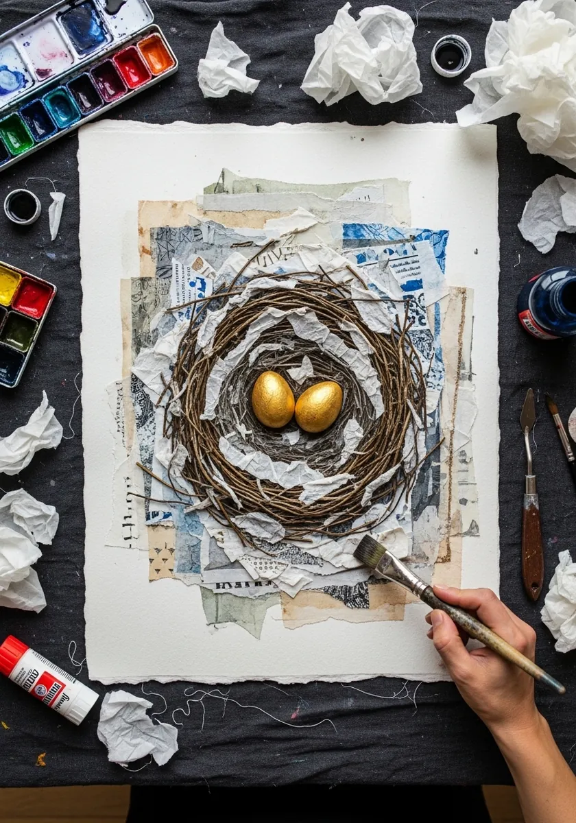Collage nest built from torn book pages and string with two gold painted eggs