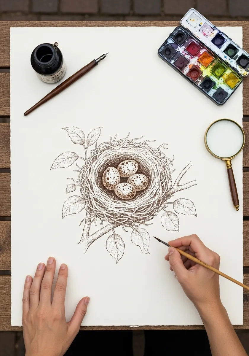 Fine sepia ink nest with speckled eggs and detailed leaf studies around it