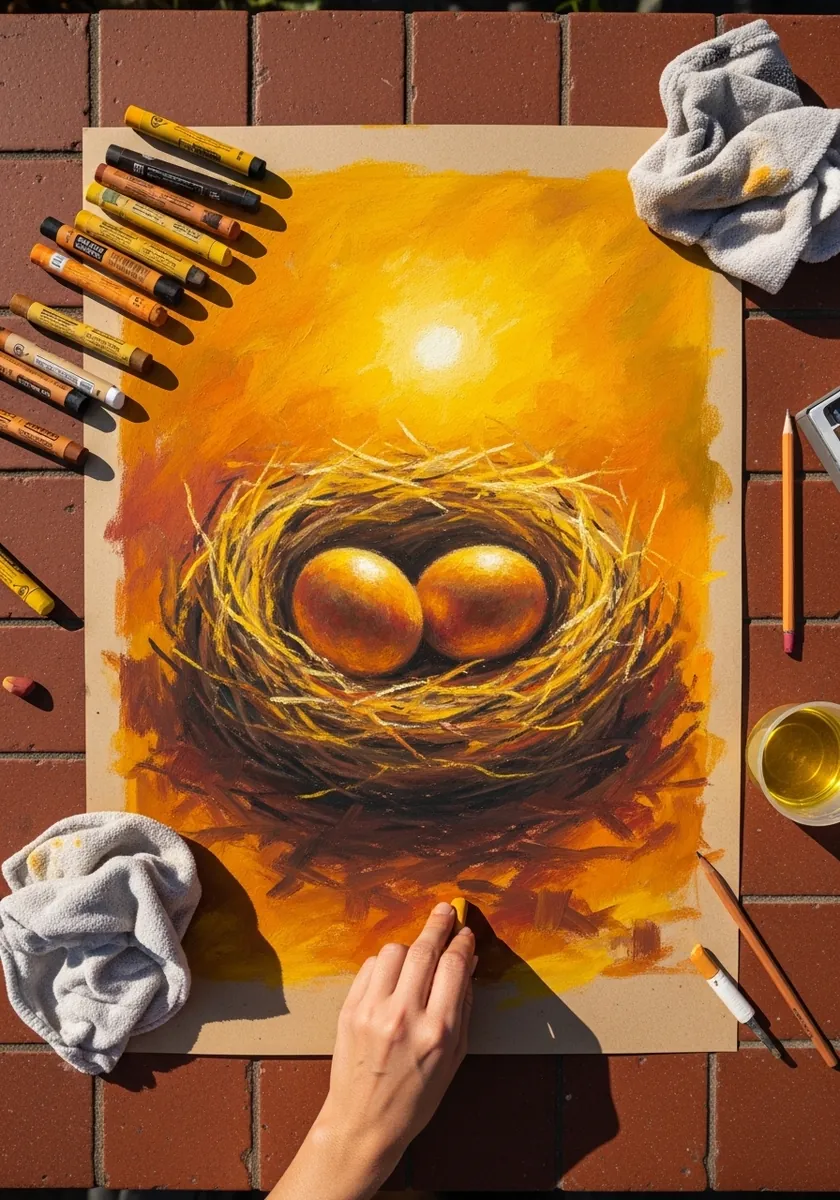Oil pastel nest with two golden eggs against a glowing orange sunset