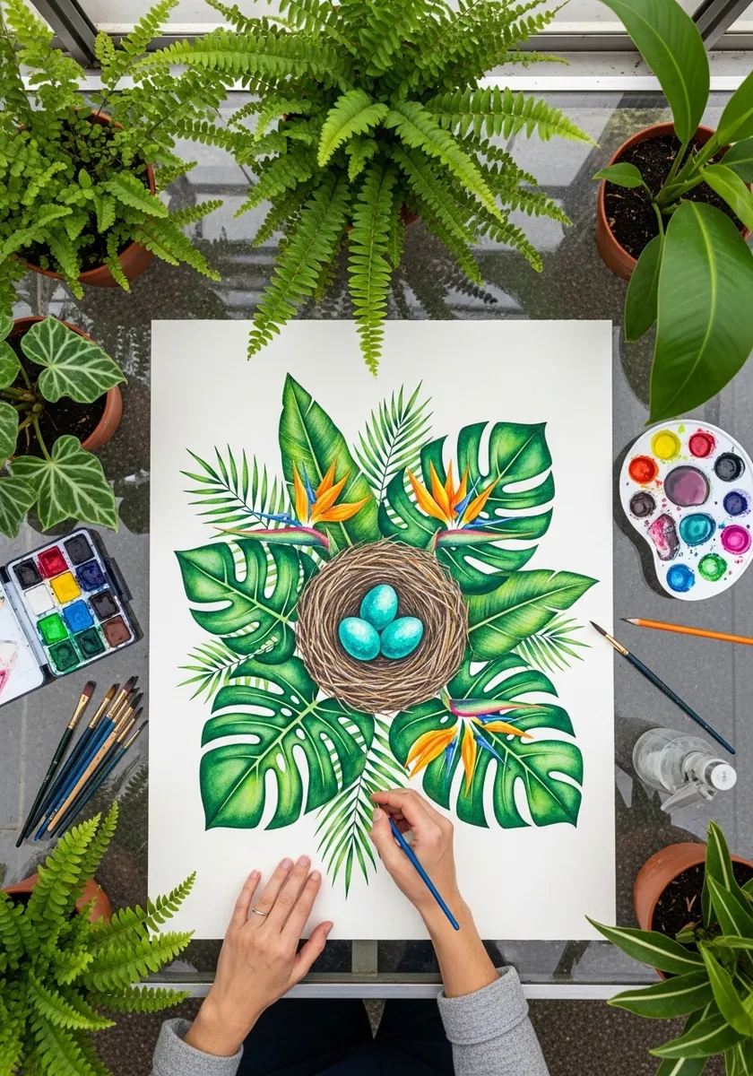 Watercolor nest with turquoise eggs surrounded by monstera leaves and palms