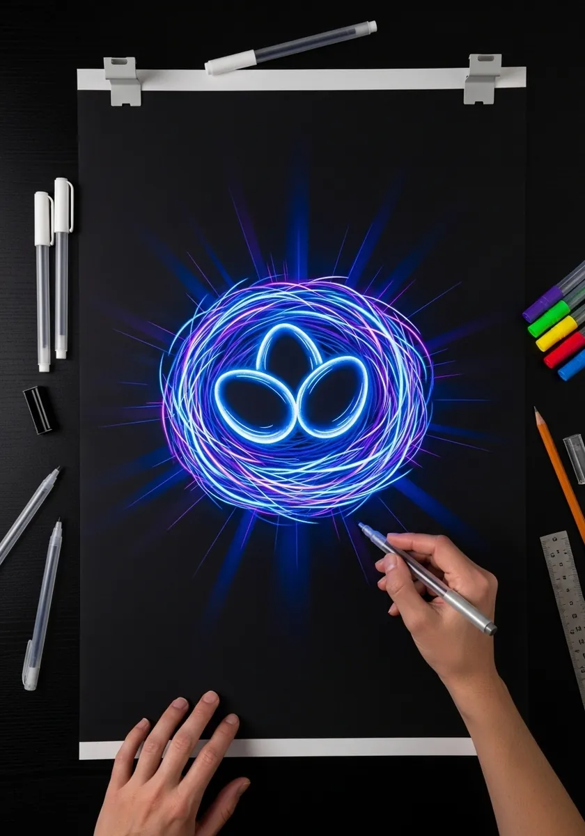 Glowing neon blue and purple line nest with two eggs on black paper