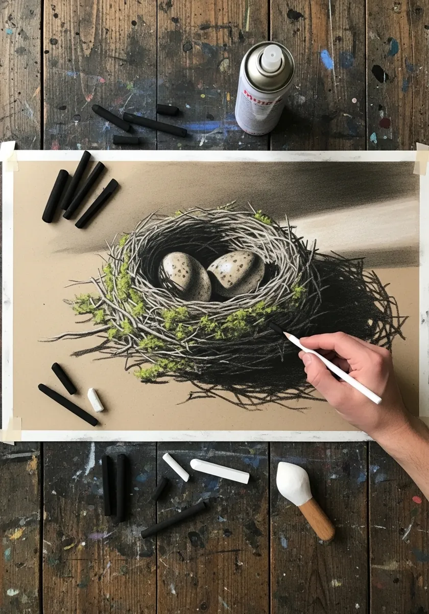 Charcoal and white chalk nest with pale eggs and moss on brown kraft paper