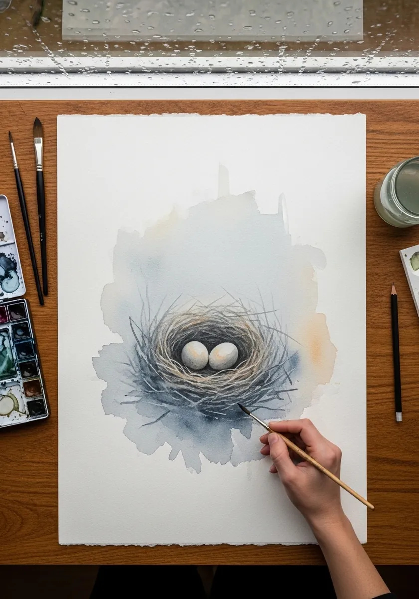 Delicate gray nest with two white eggs against a soft misty watercolor wash