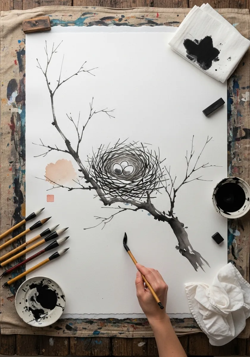 Brush ink nest with three eggs on a bare winter branch with loose wash