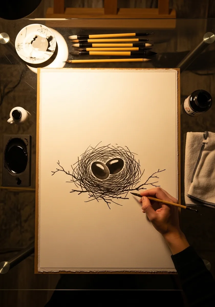 Simple black ink nest outline with two eggs on plain cream paper