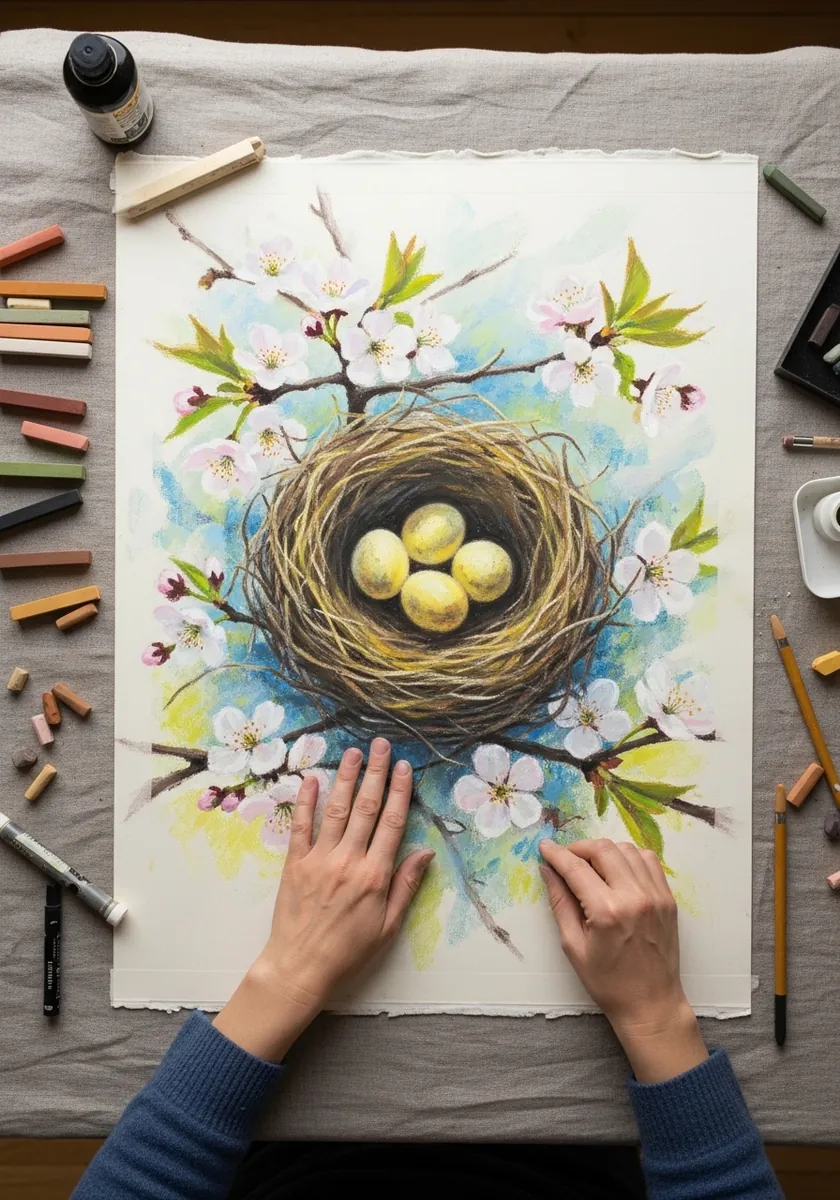 Pastel nest with pale yellow eggs surrounded by cherry blossom branches